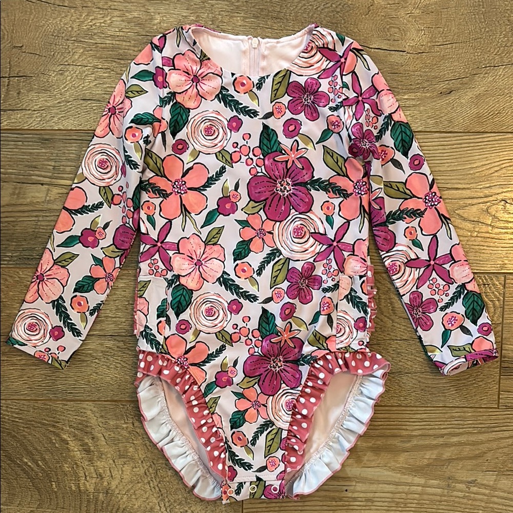Gigi & Max Pink Floral Long Sleeve Ruffle Butt Swimsuit, girls size 8Y